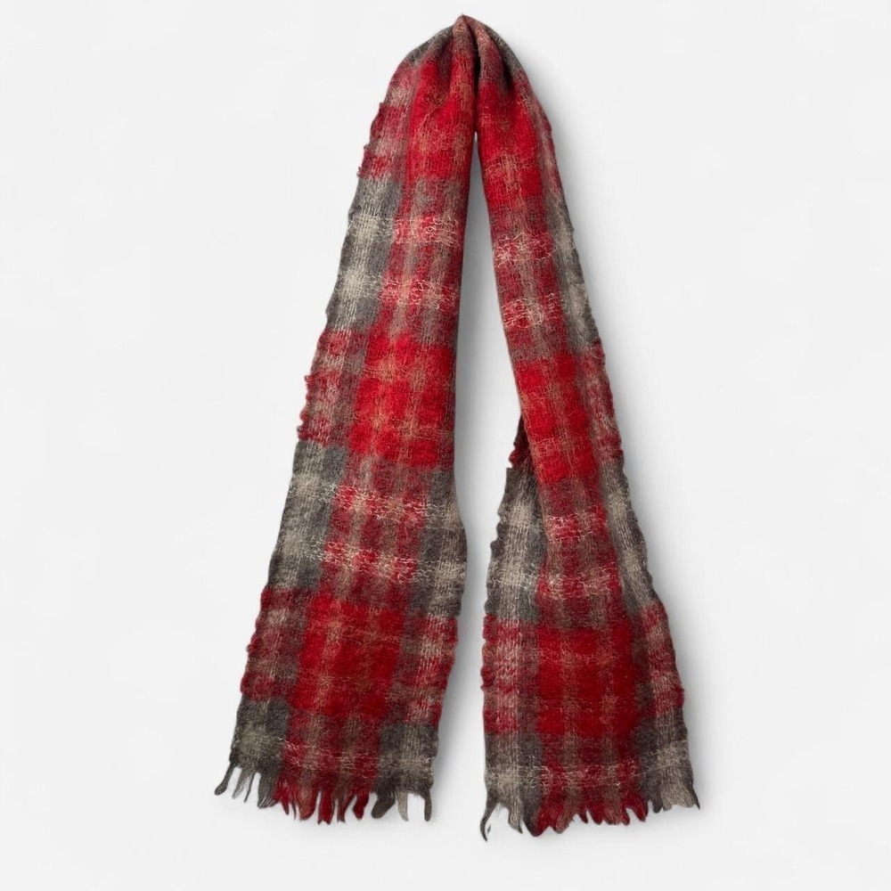 Vtg Lord & Taylor Scotland Mohair Wool Plaid Scarf Red Fringe Winter Wrap